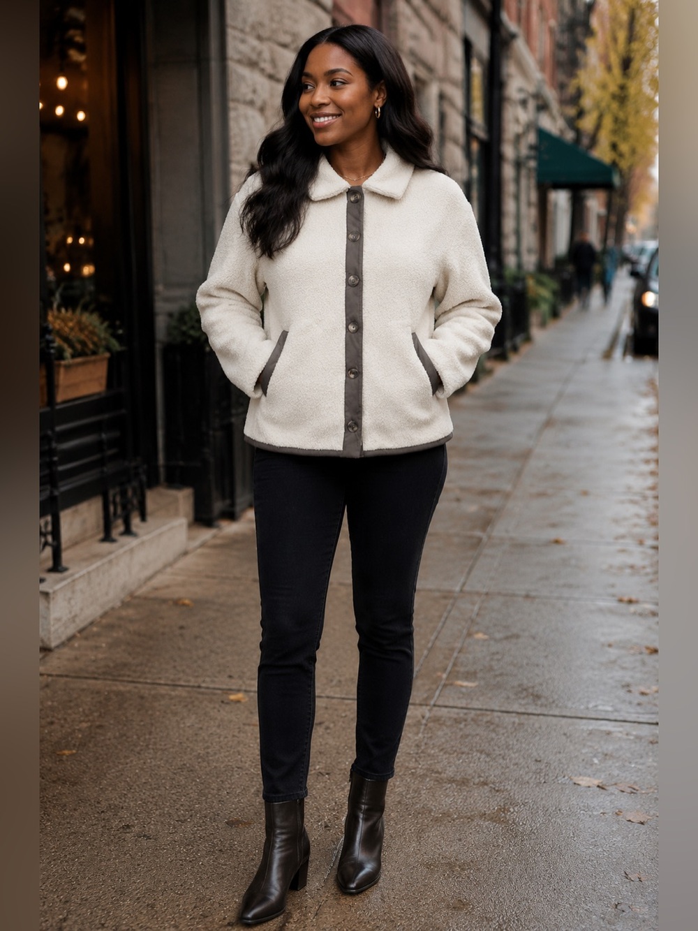 Maurices Cream Teddy Jacket with Gray Trim